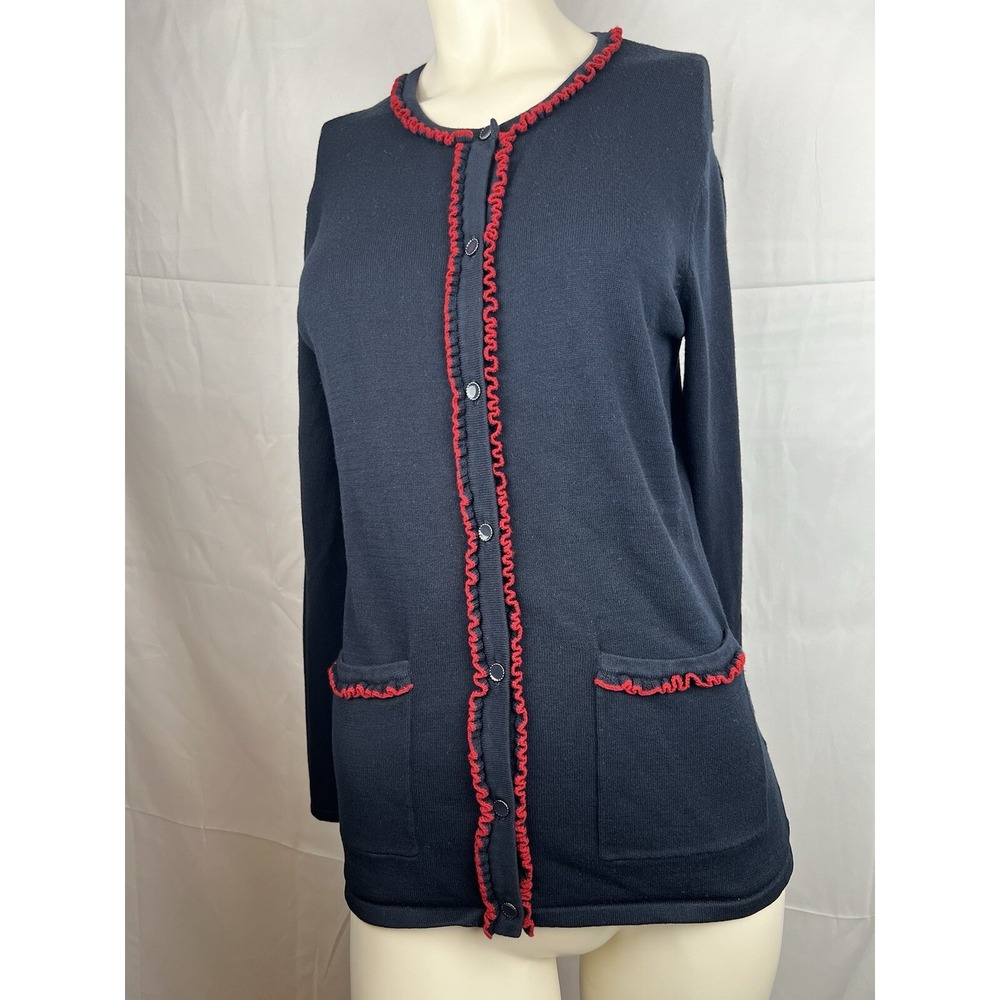 Doncaster Sweater Cardigan Small L/S Navy with Red Ruffle Button Front